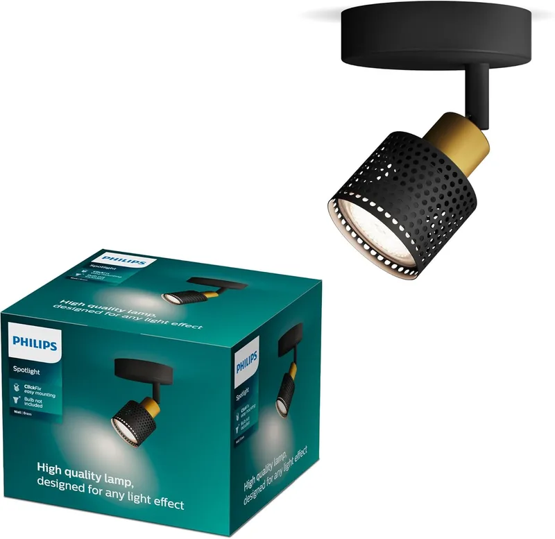 Philips ▫️ Niall - Projetor LED decorativo ajustável (1 luz), lâmpada GU10 não incluída, latão, IP20