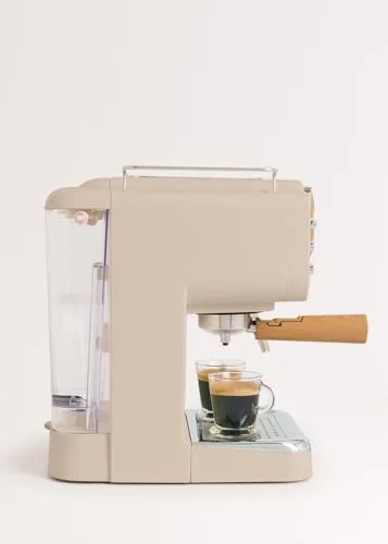 CREATE ▫️ / THERA RETRO / Máquina de café expresso semiautomática em arenito mate e madeira / 20 bar, braço com saída dupla, depósito de 1,25 L, café moído e cápsulas ESE de 55 mm, com vaporizador, 1100 W 2