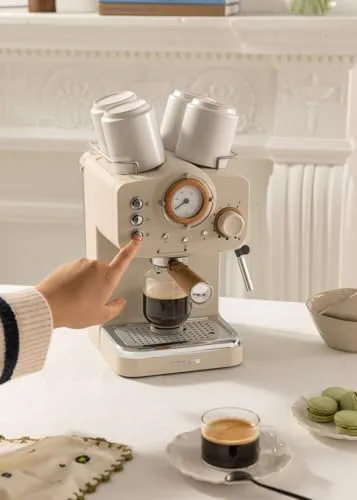 CREATE ▫️ / THERA RETRO / Máquina de café expresso semiautomática em arenito mate e madeira / 20 bar, braço com saída dupla, depósito de 1,25 L, café moído e cápsulas ESE de 55 mm, com vaporizador, 1100 W 7