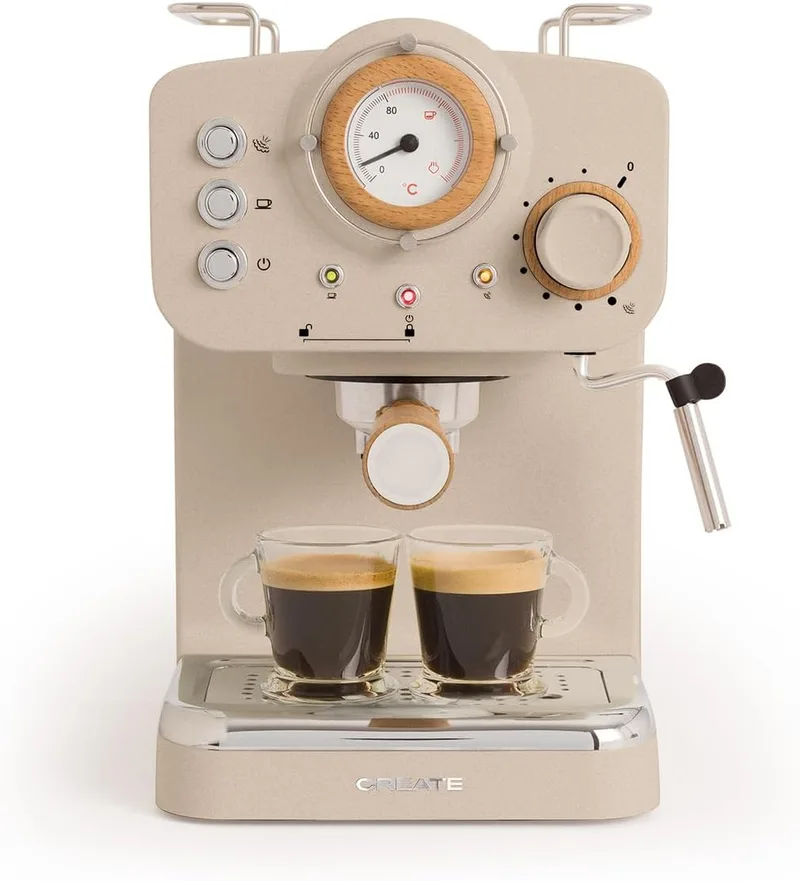 CREATE ▫️ / THERA RETRO / Máquina de café expresso semiautomática em arenito mate e madeira / 20 bar, braço com saída dupla, depósito de 1,25 L, café moído e cápsulas ESE de 55 mm, com vaporizador, 1100 W