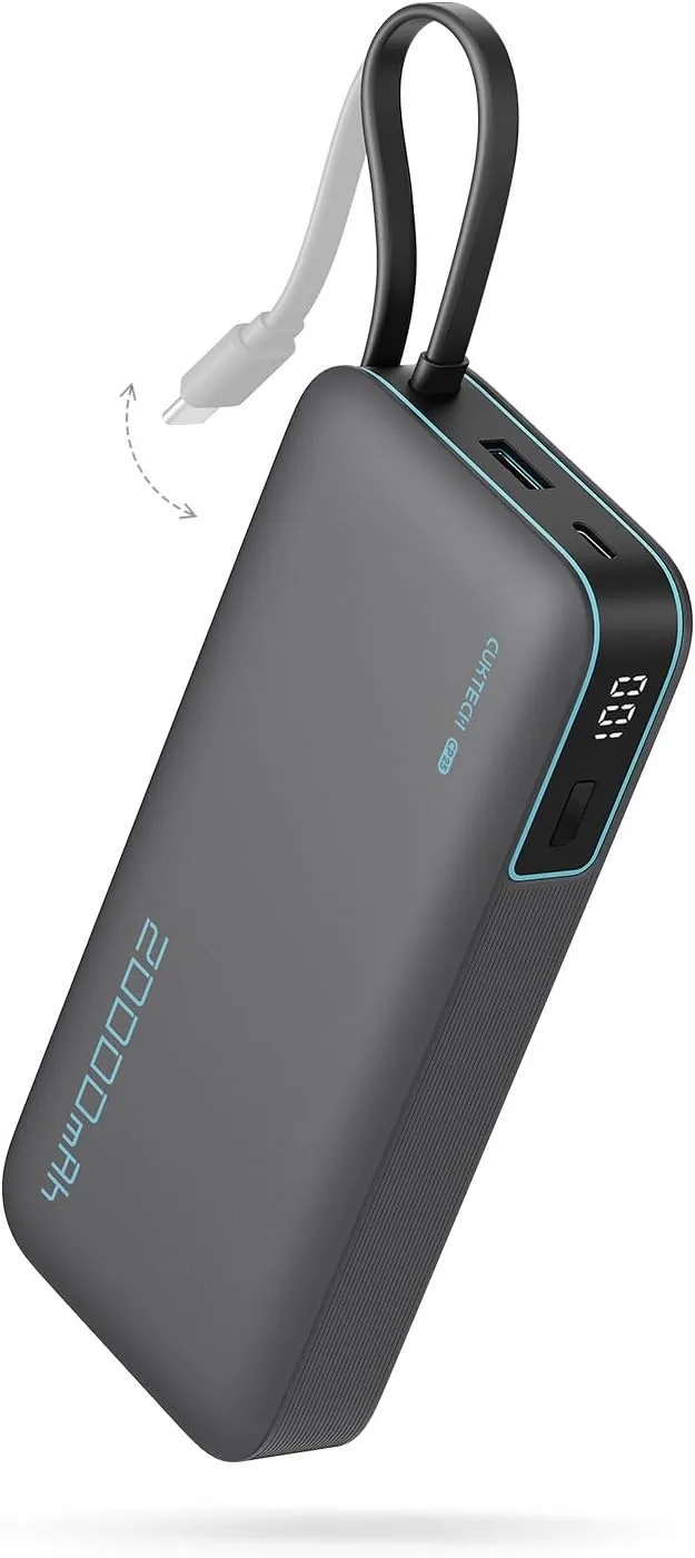 CUKTECH ▫️ CP25 Power Bank 20.000mAh, bateria portátil com cabo USB-C integrado, powerbank PD 45W com 1 x USB-A, bateria externa de carregamento rápido compatível com iPhone 17 Pro MAX, Galaxy, Xiaomi, MacBook