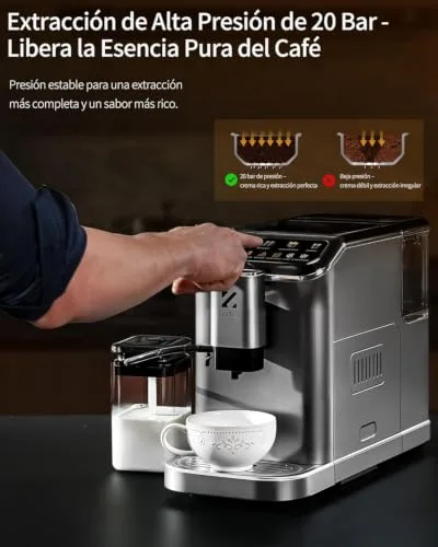 ZACHVO ▫️ Máquina de café superautomática com sistema de leite – 20 bar, 7 bebidas, 15 níveis de moagem, depósito de água de 1,5 L, caldeira dupla, controlo PID, limpeza automática, ecrã tátil, café com leite 2