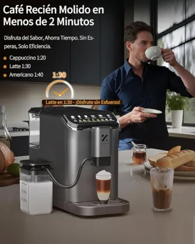 ZACHVO ▫️ Máquina de café superautomática com sistema de leite – 20 bar, 7 bebidas, 15 níveis de moagem, depósito de água de 1,5 L, caldeira dupla, controlo PID, limpeza automática, ecrã tátil, café com leite 3