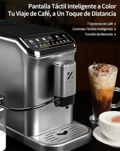 ZACHVO ▫️ Máquina de café superautomática com sistema de leite – 20 bar, 7 bebidas, 15 níveis de moagem, depósito de água de 1,5 L, caldeira dupla, controlo PID, limpeza automática, ecrã tátil, café com leite 5