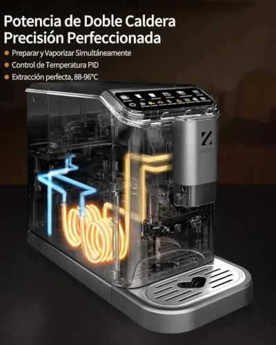ZACHVO ▫️ Máquina de café superautomática com sistema de leite – 20 bar, 7 bebidas, 15 níveis de moagem, depósito de água de 1,5 L, caldeira dupla, controlo PID, limpeza automática, ecrã tátil, café com leite 6