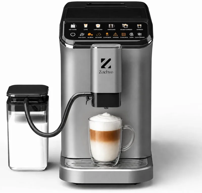 ZACHVO ▫️ Máquina de café superautomática com sistema de leite – 20 bar, 7 bebidas, 15 níveis de moagem, depósito de água de 1,5 L, caldeira dupla, controlo PID, limpeza automática, ecrã tátil, café com leite