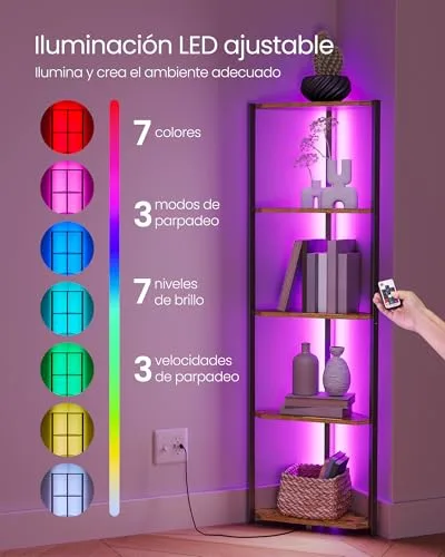 VASAGLE ▫️ Estante de canto com 5 prateleiras, com iluminação LED ajustável 4