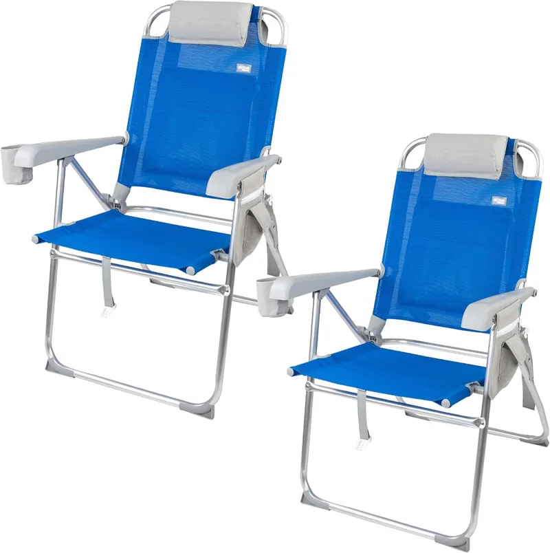AKTIVE ▫️ Pack de 2 cadeiras de praia dobráveis, 47x63x99 cm, 8 posições, cor azul, suportam 110 kg, incluem almofada, porta-copos, bolsos, alças de transporte, travões anti-capotamento, tecido textileno (85482)