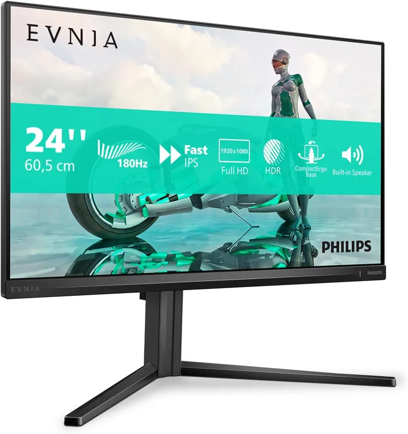 PHILIPS ▫️ Monitor de jogos Evnia 24M2N3200AM de 24 polegadas, 180 Hz, painel Fast IPS, 1 ms GtG, HDR10, Compatível com G-Sync, Altifalantes, Altura Ajustável, (1920x1080, HDMI 2x 2.0, DP 1x 1.4) Cinza Escuro