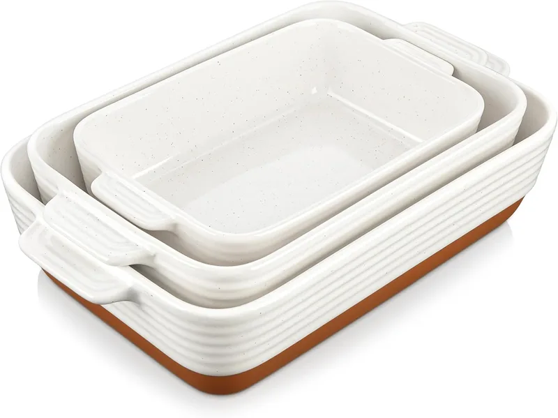 MALACASA ▫️ Série TARA, Conjunto de 3 tabuleiros de grés para forno com pegas, 3800 ml, 2700 ml e 1450 ml, Ideal para lasanhas, gratinados, assados e legumes no forno, branco baunilha com esmalte de sésamo e caqui