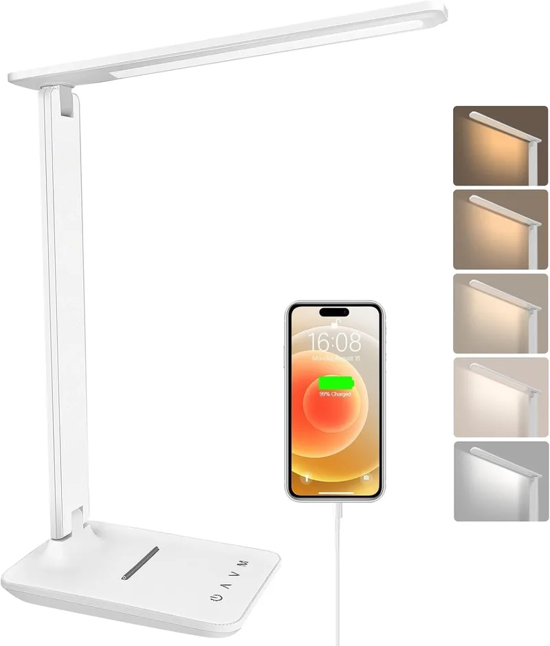 joyshie ▫️ Candeeiro LED de secretária, candeeiro de secretária com luz noturna, candeeiro de secretária com controlo tátil, porta de carregamento USB, 5 níveis de luminosidade, 5 modos (branco)