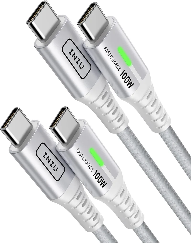 INIU ▫️ Cabo USB-C para USB-C, 100 W [Conjunto de 2 - 2 m, Branco] Cabo USB-C com carregamento rápido PD 5 A, QC 4.0, cabo tipo C em nylon para iPhone 15 Pro, MacBook Pro 2020, Samsung S22 Ultra, iPad Air, Pixel 7, Huawei P30 e Steam Deck
