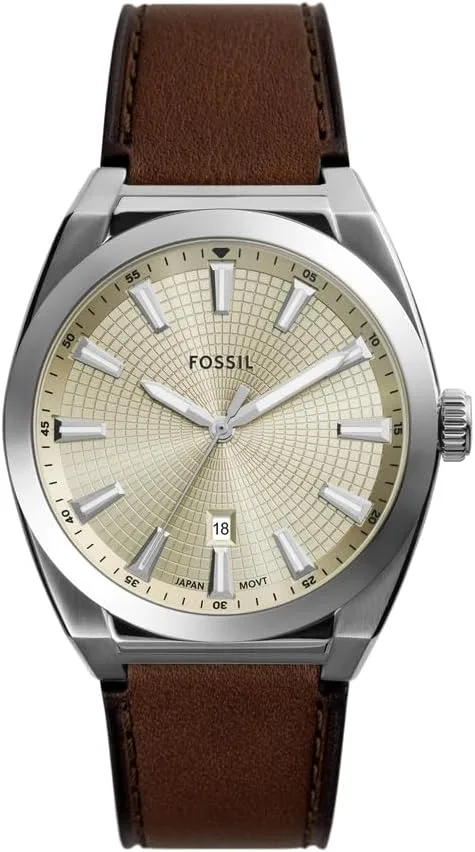Fossil ▫️ Relógio Everett para homem, movimento de quartzo com data, três ponteiros e bracelete em pele ou aço