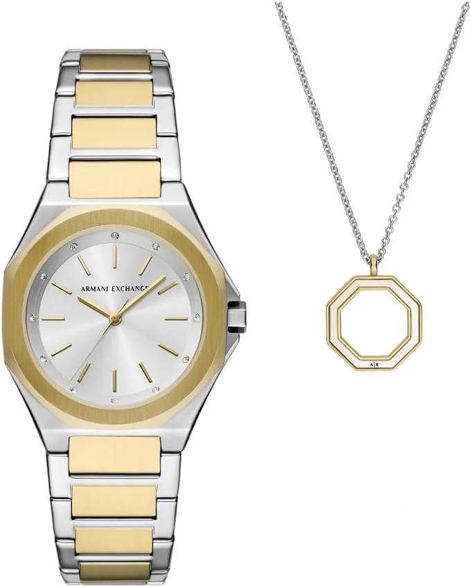 Armani Exchange ▫️ Relógio para mulher, movimento de quartzo com três ponteiros e caixa de 34 mm com bracelete em aço inoxidável ou couro