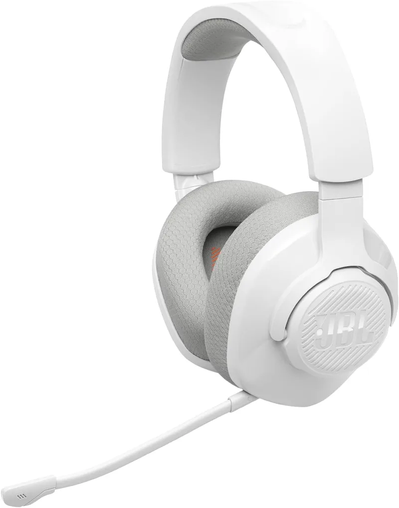 JBL ▫️ Quantum 360 Auscultadores sem fios circumaurais para jogos, ligação sem fios dupla de 2,4 GHz e Bluetooth, QuantumSURROUND Signature, bateria com 22 horas de autonomia, microfone removível, branco
