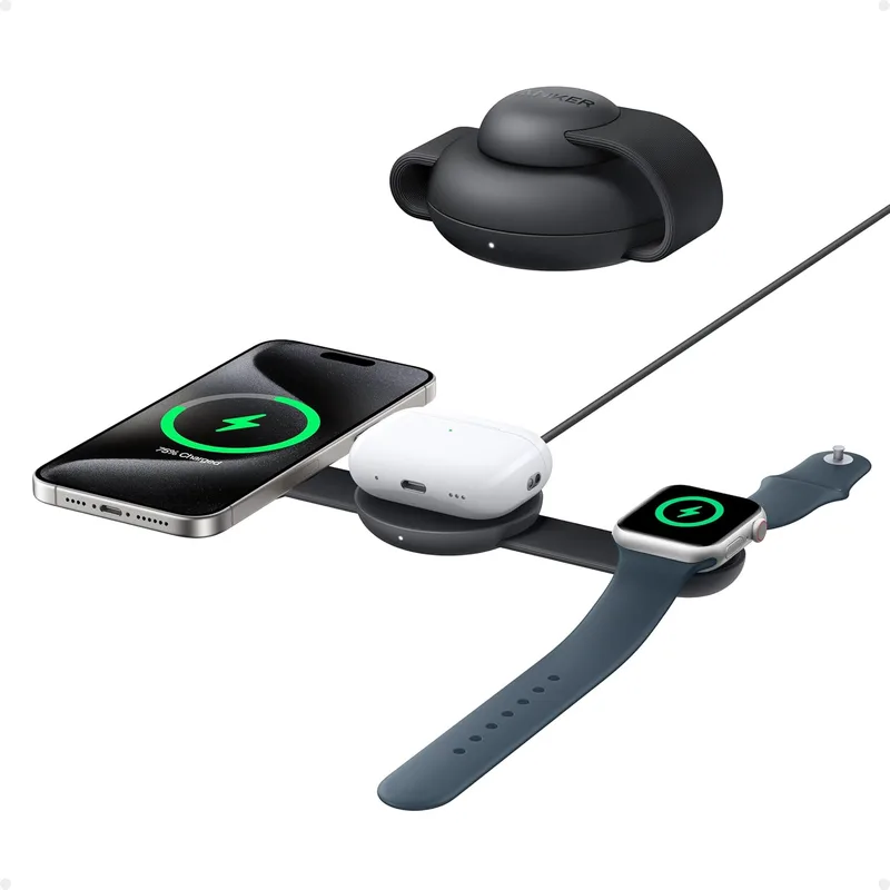 Anker ▫️ Carregador sem fios MagGo para iPhone – Estação de carregamento sem fios 3 em 1 compatível com MagSafe e Qi2 de 15 W, base de carregamento dobrável para viagem para as séries iPhone 17/16/15/14, AirPods, Apple Watch e muito mais