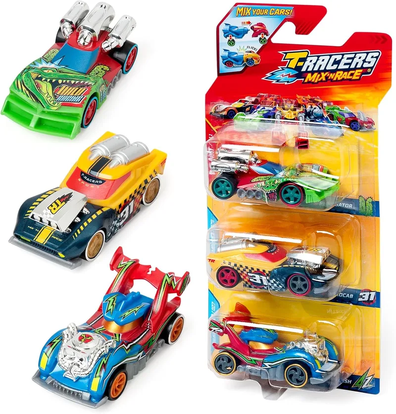 T-Racers ▫️ Mix ´N Race 3 Pack – Conjunto de 3 carros colecionáveis. Carros desmontáveis em duas partes e com peças intercambiáveis. Conjunto 11/12