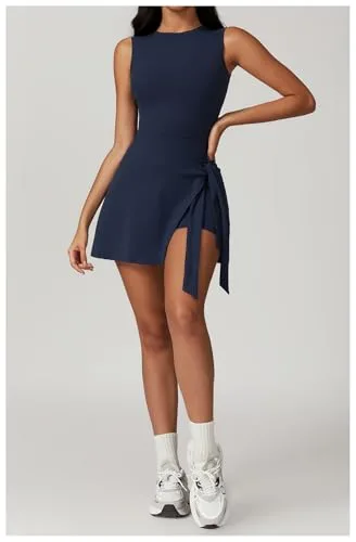 IDOPIP ▫️ Vestido de ténis para mulher, vestido de golfe com calças, sem mangas, costas à mostra, vestido desportivo para desporto, ténis, basebol, ioga, fitness, corrida, ténis de mesa, minivestido 3