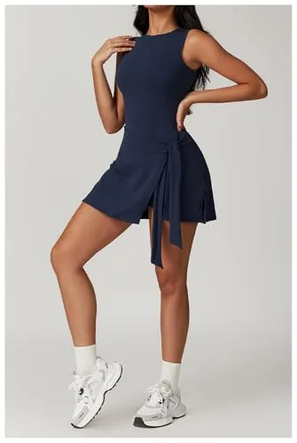 IDOPIP ▫️ Vestido de ténis para mulher, vestido de golfe com calças, sem mangas, costas à mostra, vestido desportivo para desporto, ténis, basebol, ioga, fitness, corrida, ténis de mesa, minivestido 4