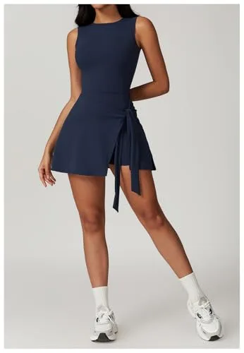 IDOPIP ▫️ Vestido de ténis para mulher, vestido de golfe com calças, sem mangas, costas à mostra, vestido desportivo para desporto, ténis, basebol, ioga, fitness, corrida, ténis de mesa, minivestido 5
