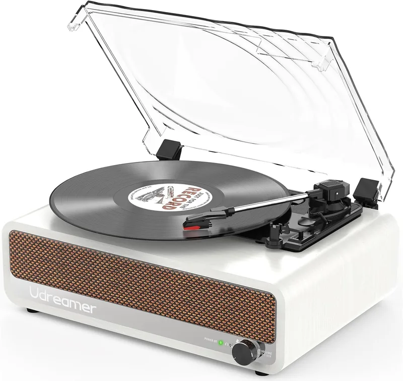 Udreamer ▫️ Gira-discos Bluetooth Gira-discos de vinil Com suporte USB, entrada AUX, auscultadores, saída RCA e saída de linha, 3 velocidades, design em espelho branco