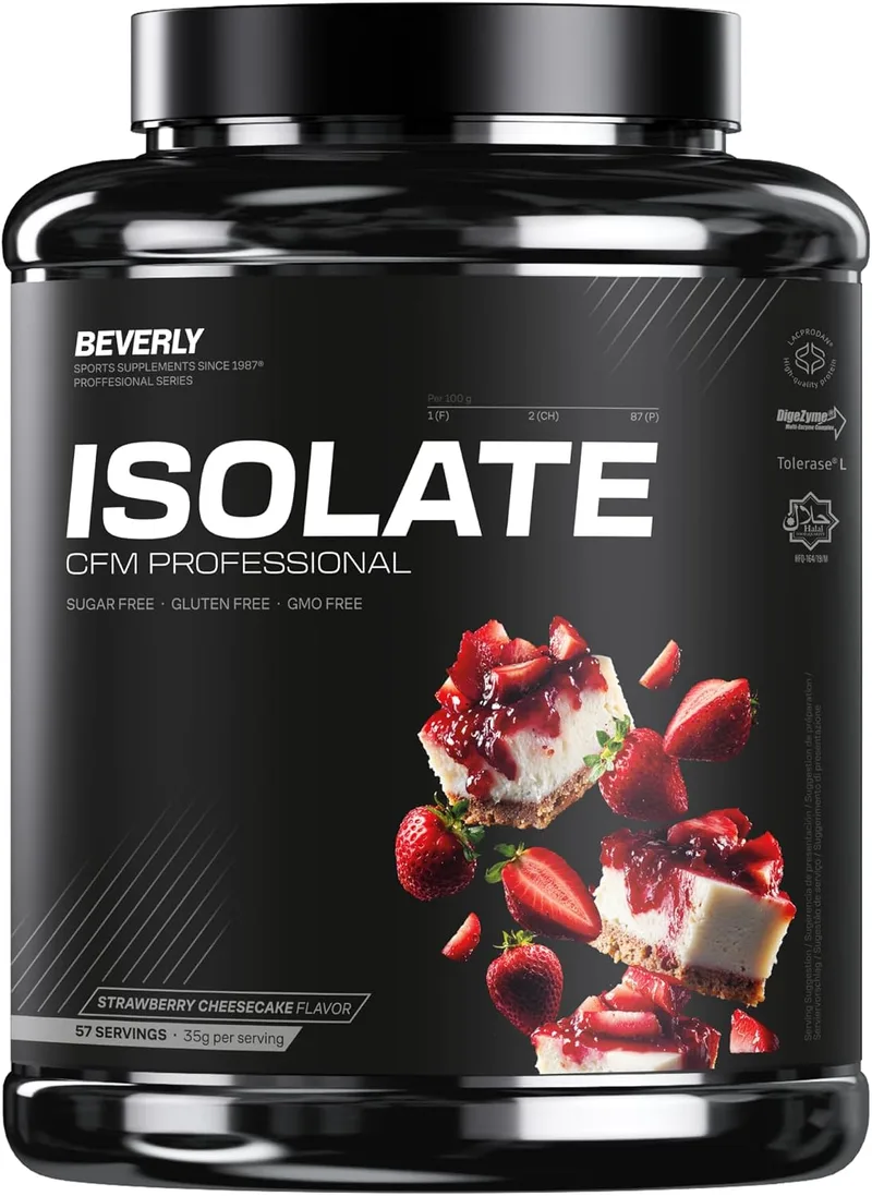 Beverly Nutrition ▫️ Beverly ISOLATE CFM – Proteína isolada de soro de leite premium (Whey Isolate) | 30 g de proteína | Baixo teor de lactose e sem açúcares adicionados | 58 doses | Desenvolvimento muscular (2 kg, sabor cheesecake de morango)