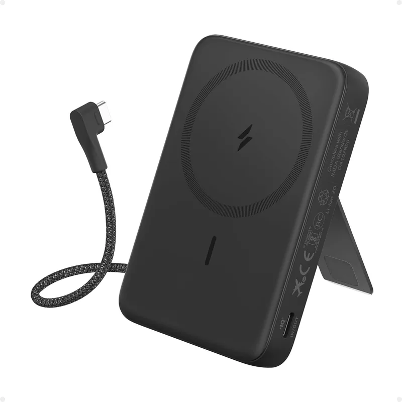 Anker ▫️ Bateria externa magnética Zolo, carregador portátil sem fios de 10 000 mAh com carregamento rápido máximo de 30 W, cabo USB-C incorporado e suporte ajustável, para iPhone 15/14, AirPods e muito mais.