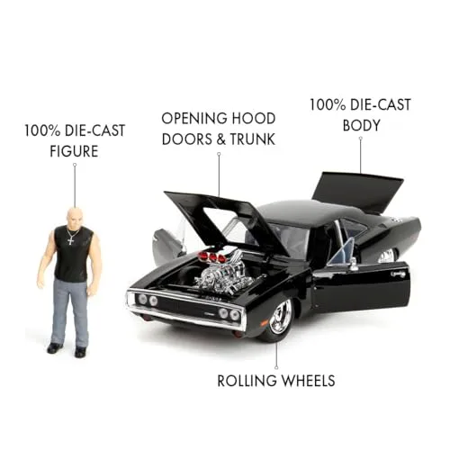 Jada ▫️ Toys Fast & Furious Carro Dodge Charger 1970, Escala 1:24, 19 cm, com figura de Dominic Toretto de 8 cm, modelo metálico com partes articuladas, brinquedo colecionável, +8 anos (9335907314R00) 5