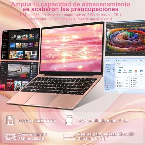 bvate ▫️ 2026 Portátil de 14 polegadas, até 2,8 GHz, Celeron, SSD de 256 GB, compatível com expansão para SSD de 1 TB, com rato sem fios, para trabalho, estudo e aprendizagem, 1080 Mini Port Multimedia - Dourado 3