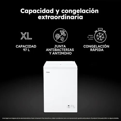 Haier ▫️ Chest Series 3 HCE100E, Câmaras Frigoríficas Horizontais, Capacidade de 97 L, Largura de 54,5 cm, Função Fast Freeze, 1 Cesto Metálico, Ecrã Digital, Interior em Alumínio Texturizado, Puxador Integrado, Branco 3