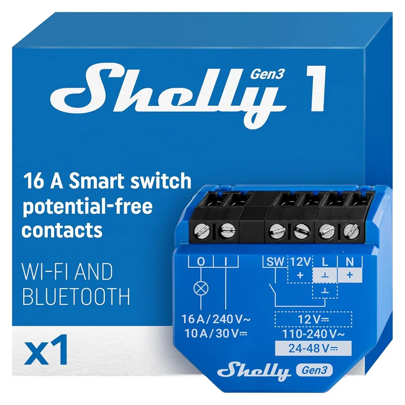 Shelly ▫️ 1 Gen3 - Interruptor de relé inteligente com contactos secos, Wi-Fi e Bluetooth, controlo remoto da iluminação através de aplicação, compatível com Alexa e Google Home, não requer hub, chip de 8 MB