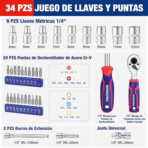 WORKPRO ▫️ Conjunto de chaves de soquete de 34 peças com catraca de 1/4" 2