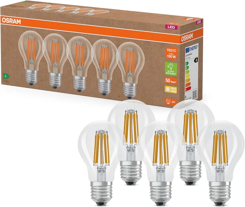 OSRAM ▫️ Lâmpadas LED de alta eficiência com classe de eficiência energética A, embalagem com 5 unidades, substitui 100W, branco quente (2700K), E27, filamento de vidro