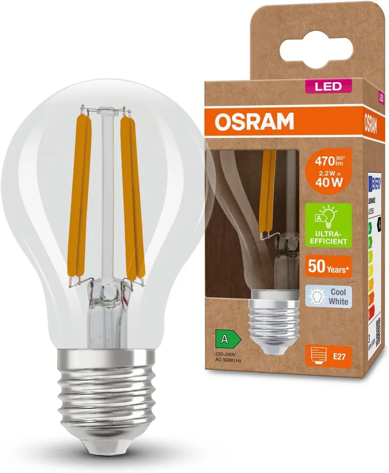 OSRAM ▫️ LED SUPERSTAR+ CLASSIC A FIL 40, E27, forma de lâmpada clássica, 2.2W, 470lm, 4000K, luz branca fria, longa duração, até 60% de poupança de energia