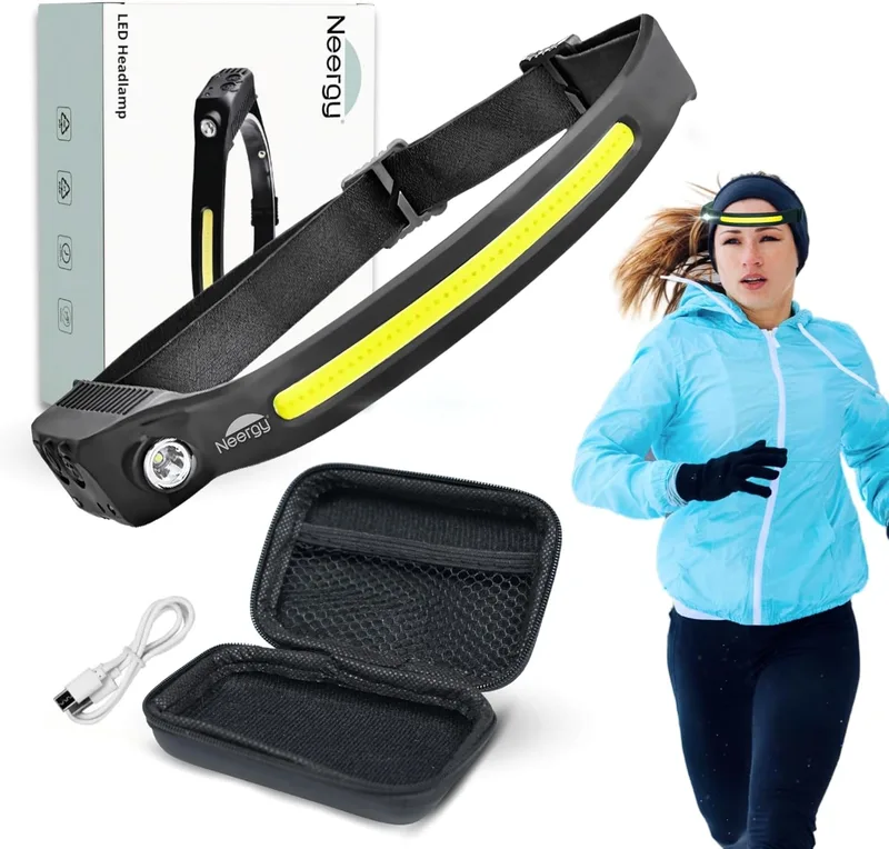 Neergy ▫️ Lanterna de cabeça LED de alta potência 350 lm - Luz COB ampla e sensor mãos-livres - Recarregável por USB, IPX4 e Ultra Light para corrida nocturna, trilhos, ciclismo e campismo - Lanterna de cabeça