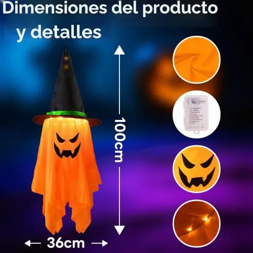 Woukksy ▫️ 2 peças de decoração de Halloween com fantasmas e luzes LED, fantasmas suspensos para exterior, decoração de Halloween para pátio e jardim, fantasma com chapéu de bruxa (laranja) 2