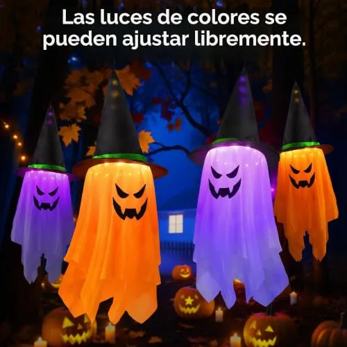Woukksy ▫️ 2 peças de decoração de Halloween com fantasmas e luzes LED, fantasmas suspensos para exterior, decoração de Halloween para pátio e jardim, fantasma com chapéu de bruxa (laranja) 3