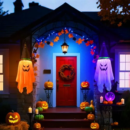 Woukksy ▫️ 2 peças de decoração de Halloween com fantasmas e luzes LED, fantasmas suspensos para exterior, decoração de Halloween para pátio e jardim, fantasma com chapéu de bruxa (laranja) 4