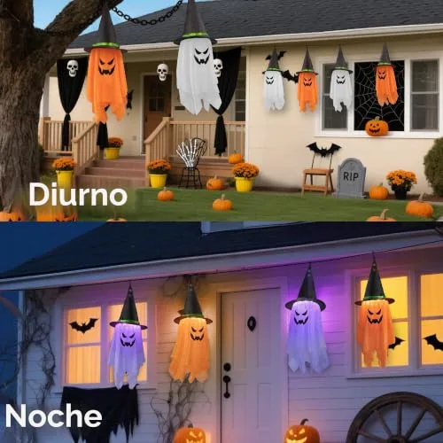 Woukksy ▫️ 2 peças de decoração de Halloween com fantasmas e luzes LED, fantasmas suspensos para exterior, decoração de Halloween para pátio e jardim, fantasma com chapéu de bruxa (laranja) 5