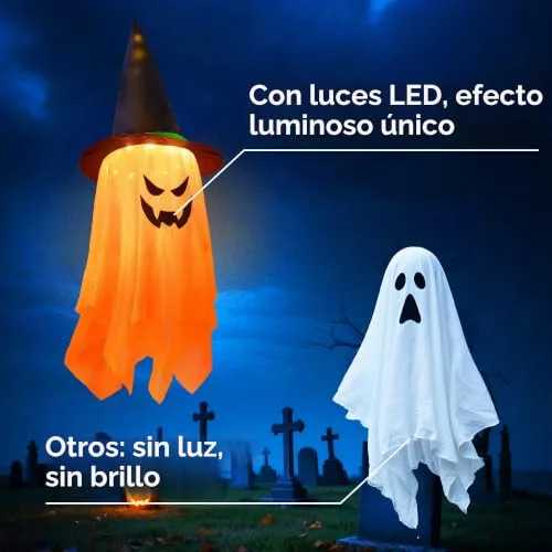 Woukksy ▫️ 2 peças de decoração de Halloween com fantasmas e luzes LED, fantasmas suspensos para exterior, decoração de Halloween para pátio e jardim, fantasma com chapéu de bruxa (laranja) 6
