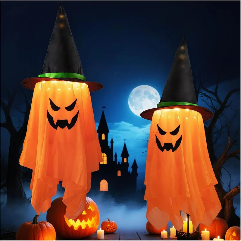 Woukksy ▫️ 2 peças de decoração de Halloween com fantasmas e luzes LED, fantasmas suspensos para exterior, decoração de Halloween para pátio e jardim, fantasma com chapéu de bruxa (laranja)