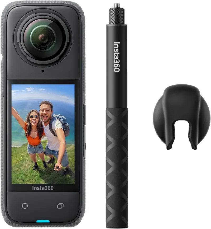 Insta360 ▫️ X4 Pacote Get-Set - Câmara de ação à prova de água 8K 360°, vídeo 4K grande angular, efeito «selfie stick» invisível, protetores de lente removíveis, bateria com 135 minutos de autonomia, sem cartão MicroSD