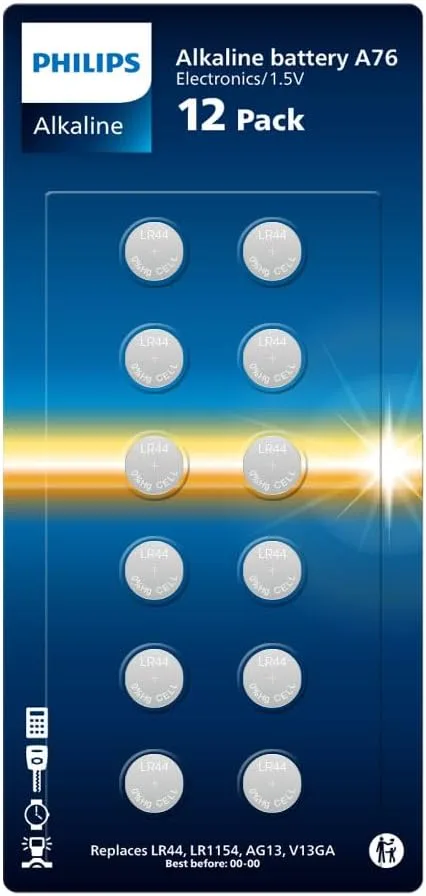 PHILIPS ▫️ Alkaline 1 Volt A76, pilhas ideais para relógios, calculadoras e pequenos aparelhos eletrónicos, embalagem de 12