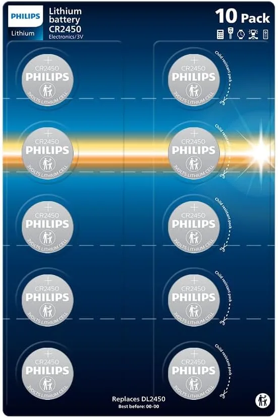 PHILIPS ▫️ Lithium 3 Volt CR2450, pilhas ideais para dispositivos médicos, brinquedos e comandos à distância, embalagem de 10 unidades