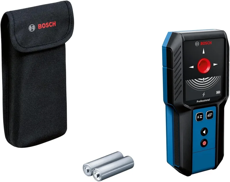 Bosch Professional ▫️ Detetor de parede GMS 100-23 (profundidade máxima de deteção de metal não magnético/metal magnético/cabos com corrente/madeira: 100/80/50 mm, 2 pilhas AA, bolsa)