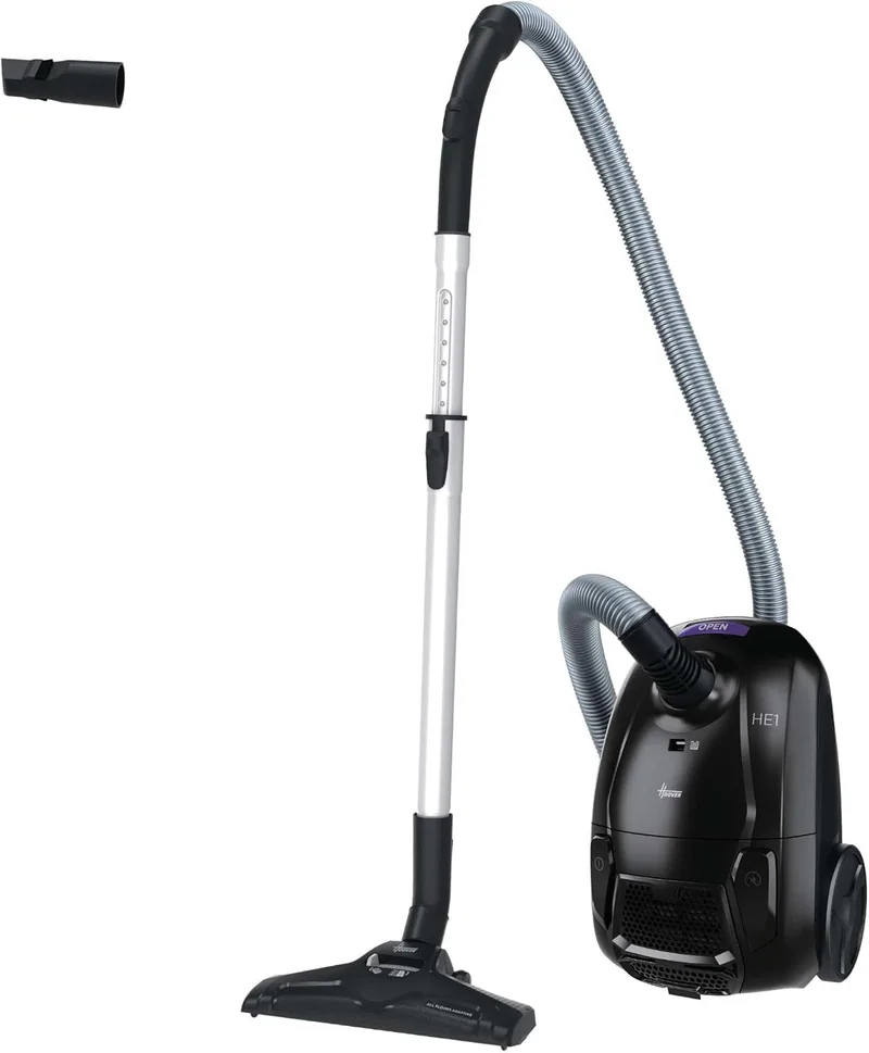 Hoover ▫️ HE1 Compact - Aspirador com saco para pavimentos duros e alcatifas, com fio, filtro EPA, saco de 2,5 L, acessórios integrados e raio de ação de 7,5 m [HEZ107HM] [HEZ107HM].
