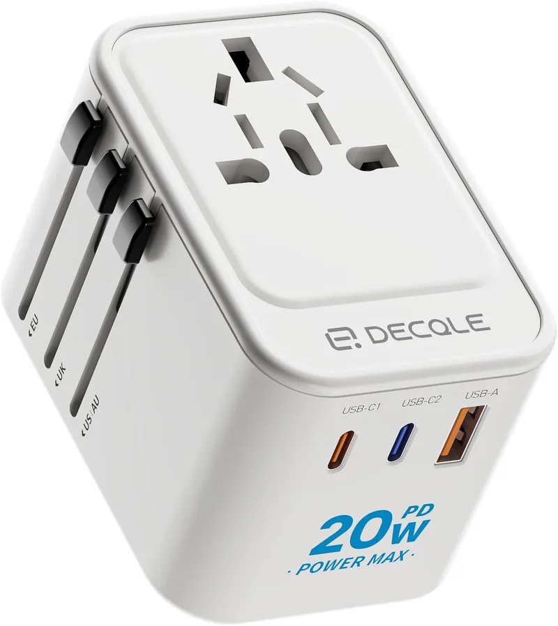 decqle ▫️ Adaptador universal de tomada, adaptador de viagem com 2 portas USB-C (PD 20 W) e 1 porta USB-A, adaptador universal para os EUA, Reino Unido, América do Norte, Canadá, Austrália e mais de 224 países (branco)