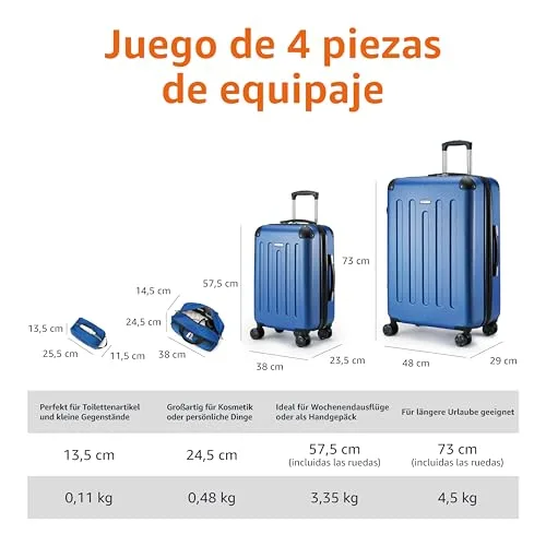 Amazon Basics ▫️ Bagagem de mão rígida com rodas, conjunto de 4 peças, mala grande, mala de mão e mala de viagem compacta, expansível, 4 rodas giratórias, azul-marinho 4