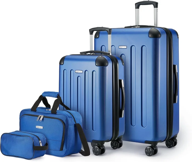 Amazon Basics ▫️ Bagagem de mão rígida com rodas, conjunto de 4 peças, mala grande, mala de mão e mala de viagem compacta, expansível, 4 rodas giratórias, azul-marinho