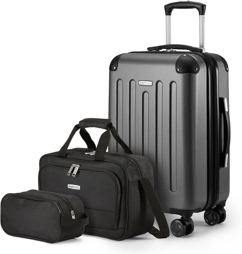 Amazon Basics ▫️ Bagagem de mão rígida com rodas, conjunto de 3 unidades, mala de mão e de viagem compacta, expansível, 4 rodas giratórias, preta